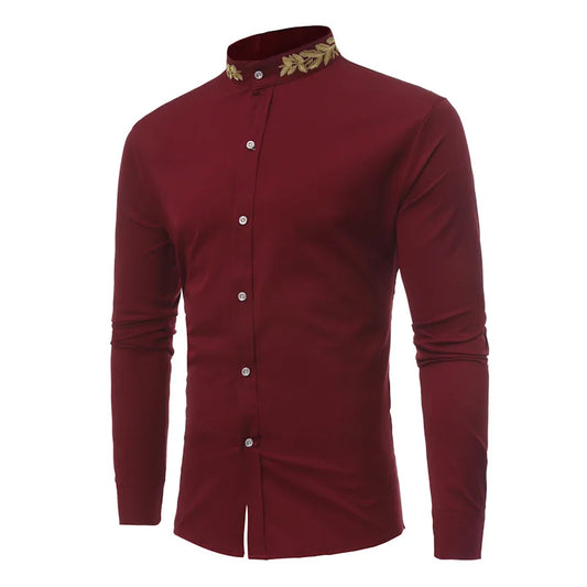 Men's Gold Embroidery Wine Red Dress Shirt For Banquet Formal Long Sleeve Wedding Shirt Male Business Dinner Prom Chemise Hombre