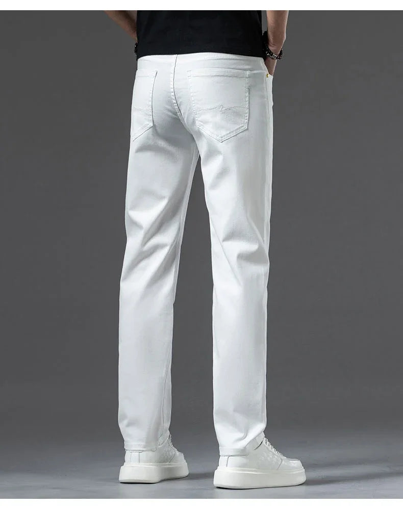 2024 New Summer Thin Men's Straight Denim Cotton Stretch Creamy-white Jeans Classic Business Pants Fashion Trousers Male Brand