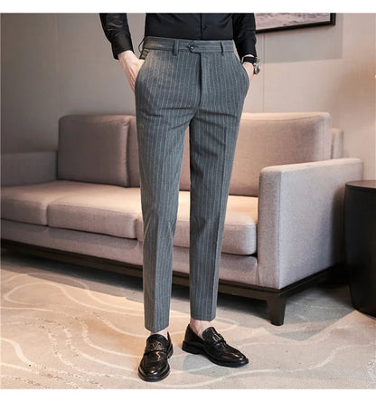 Men Boutique Black Striped Suits Pants Male Formal Wear Wedding Dress Trousers Quality British Style Business Casual Suit Pants