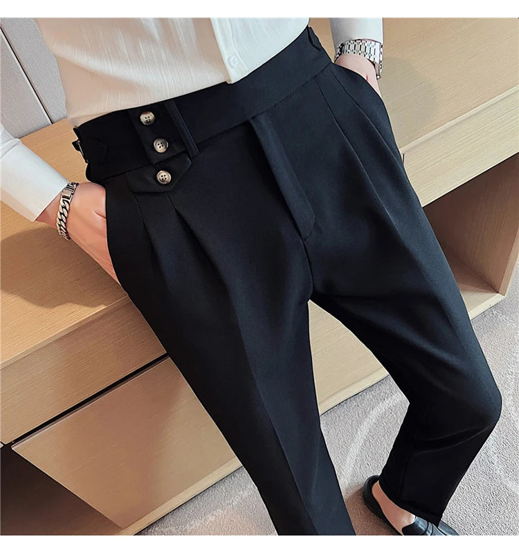 British Style Pants Men High Waist Belt Design Casual Slim Formal Office Dress Pant Men Social Wedding Party Dress Suit Trousers