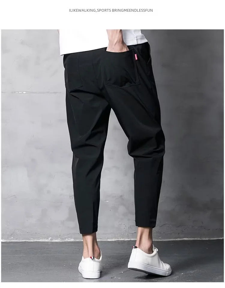 Summer Casual Men's Straight-leg Cropped Pants Ice Silk Elastic Small Foot Trendy Sports Korean Style Youth Pants