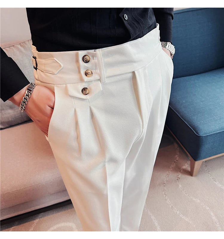 British Style Pants Men High Waist Belt Design Casual Slim Formal Office Dress Pant Men Social Wedding Party Dress Suit Trousers