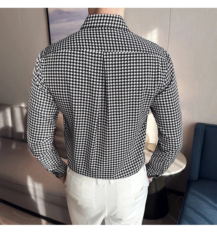 High Quality Vintage Houndstooth Long Sleeve Social Shirts For Men Clothing 2024 Business Slim Fit Casual Prom Tuxedo Non-Iron