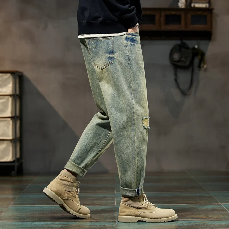 Ripped Jeans Men Loose Fit Retro Blue Baggy Jeans Distressed Hip Hop Denim Pants Streetwear Biker & Moto Patchwork Frayed Jeans