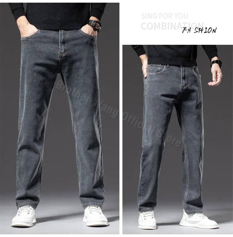 Men's Traight Loose Jeans Cotton Business Casual Stretch Denim Pants Male Trousers Brand Clothing Plus Size 42 44