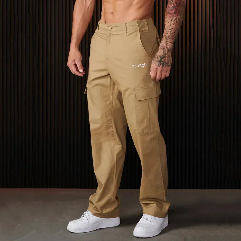 YOUNGLA new large pocket cargo pants men's autumn splicing solid color casual sports loose straight leg pants