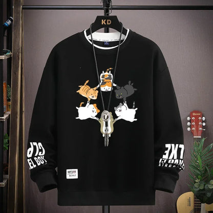 Japan Cartoon Men's Sweatshirt Hoodies Autumn Cats Printed Long Sleeve T-shirt Fashion Men's Clothing Khaki O Neck Harajuku Top