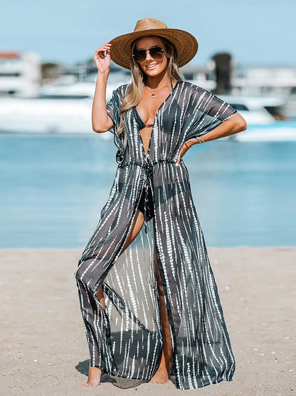 CUPSHE Leopard Print Maxi Length Kimono Bikini Cover Up For Women Short Sleeve Lace Up Long Beach Dress 2023 Summer Beachwear