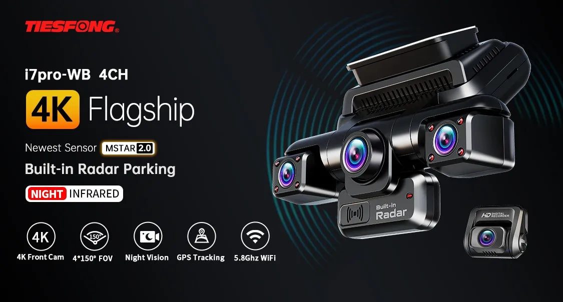 TiESFONG 4CH GPS caméra de tableau de bord i7pro frontal 4K/2K+3*1080P pour dashcam voiture DVR 360 24H moniteur de stationnement,WiFi camaras para automóviles,IR Vision nocturne,g-sensor,256Gmax