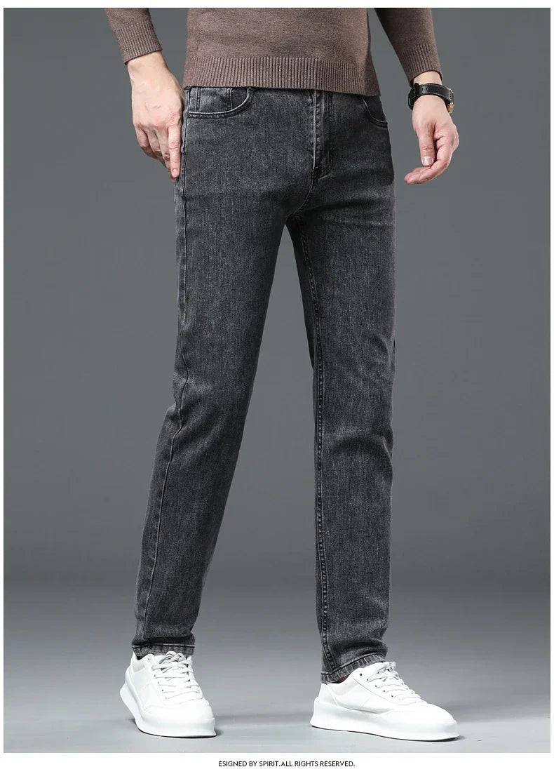 New Men's Stretch Grey Jeans Classic Slim Business Fashion Black Elasticity Denim Pants Male Brand Casual Trousers