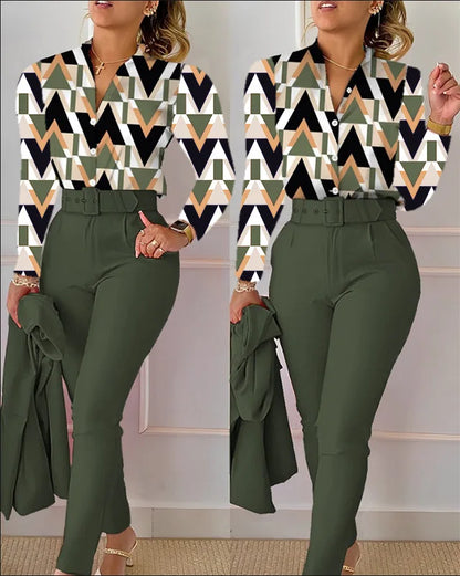 Elegant Women Two Piece Set Suits Fall New Fashion Print Long Sleeve Top Solid Color Pants Set With Belt  Blouses Female Clothes