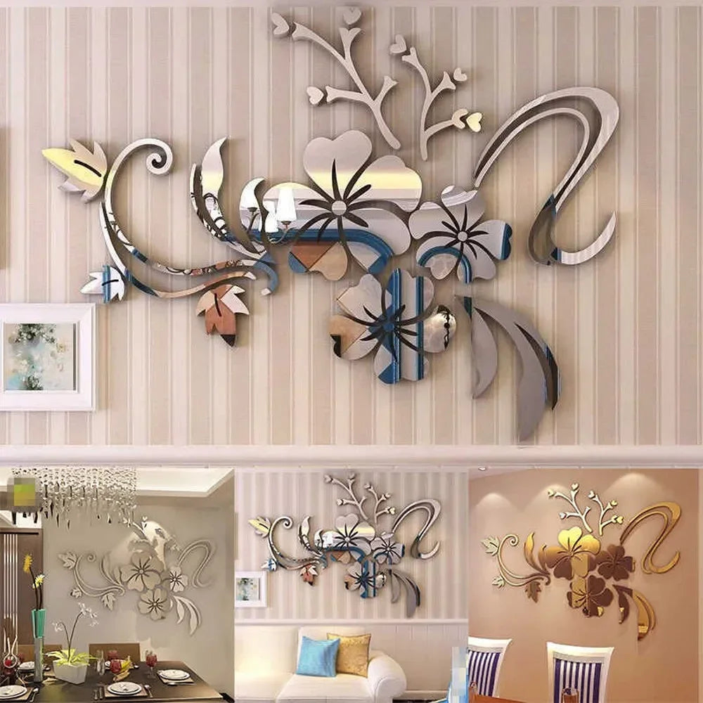 3D Acrylic Flower Mirror Wall Stickers Decorative Self Adhesive Large Wall Stickers Art Murals for Bedroom TV Background Decor