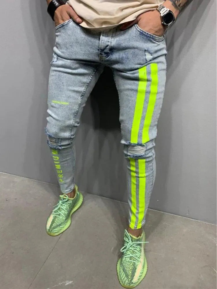 Street Jeans Men stripes Printing Denim Pants Wash Solid Color Casual Mid Waist Trousers Elastic Slim Fit Daily Wear Joggers