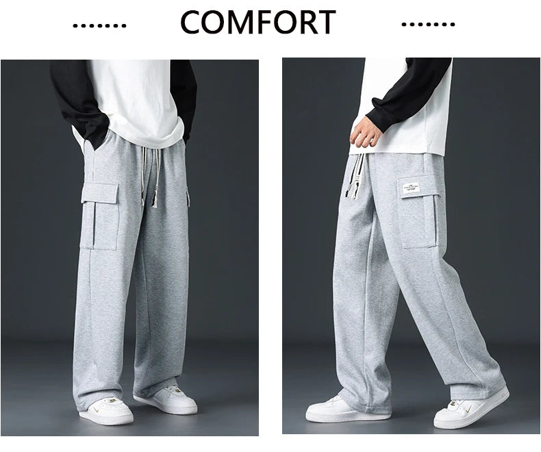 Mens Sweatpants Straight Fit Joggers for Sports and Streetwear Loose Oversized Drawstring Long Pants Men Multi-pocket Pants