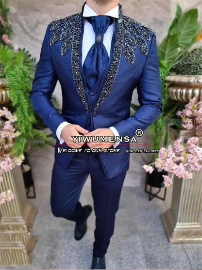 Luxury Navy Blue Mens Suits For Wedding Sparkling Stones Groomsman Tuxedos Custom Made Crystals Beaded Artists Prom Blazer Sets