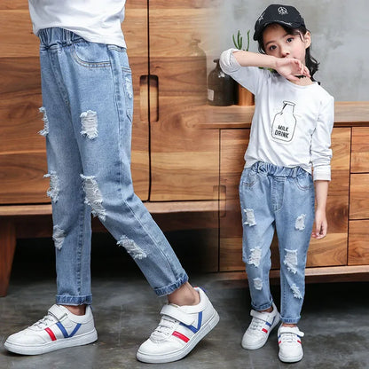 Fashion Children Denim Trousers Teenager Ripped Jeans Kids Hole Pants Casual Kids Clothes For Spring Autumn Hot Boys Girls Jeans