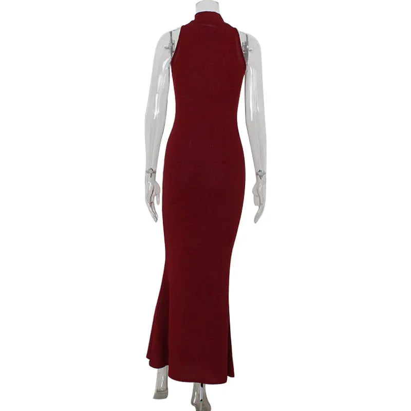 Sexy Slim Sequins Red Sleeveless Long Dress Women's Elegant Shiny Party Bodycon Robes 2025 New Fashion Solid Maxi Gown Dresses