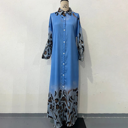 Office Fashion Print Patchwork Loose Shirt Dress Women Elegant Lapel Button Long Dress Causal Adjustable Long Sleeve Party Dress