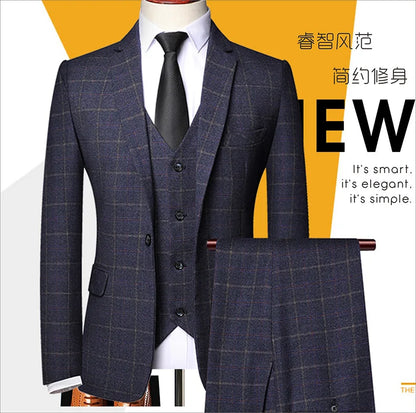 2025 New Men's Three-pieces Fashion Plaid Slim Business Party Formal Elegant Blazer Sets (Jacket+Pants+Vest) Prom Wedding Groom