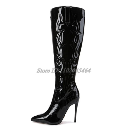 White/Black Embroidery Sexy Knee High Boots Women's Patent Leather Pointed Toe High Heels Zip Long Boot Luxury Designer Shoes