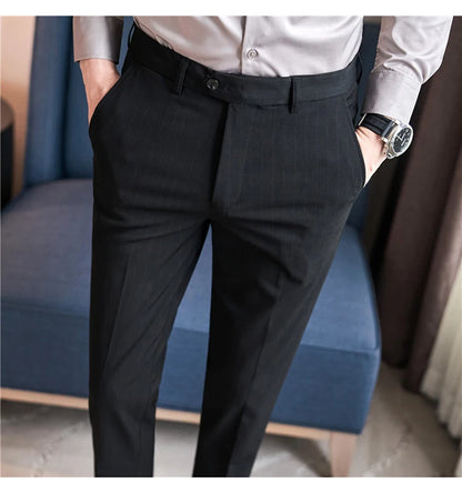 Autumn Winter Thickened Striped Suit Pant Men Business Slim Fit Long Pants Formal Office Social Party Casual Pants Streetwear