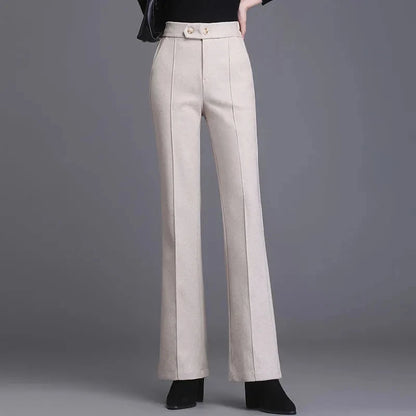 2024 Autumn Winter Women's Woolen Pants New Fashion High Waist Elastic Micro Flare Pants Slim Female Casual Wool Trousers 4XL