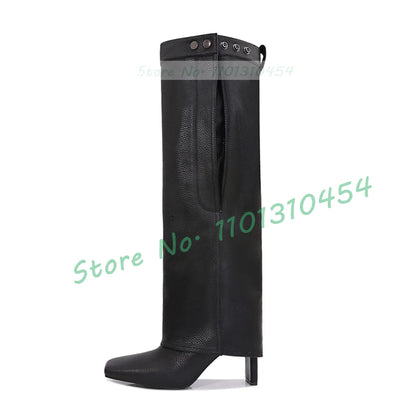 Black Square Toe Foldover Leather Boots Women Elegant Block High Heels Pink Winter Dress Shoes Female Casual Metal Buttons Boots