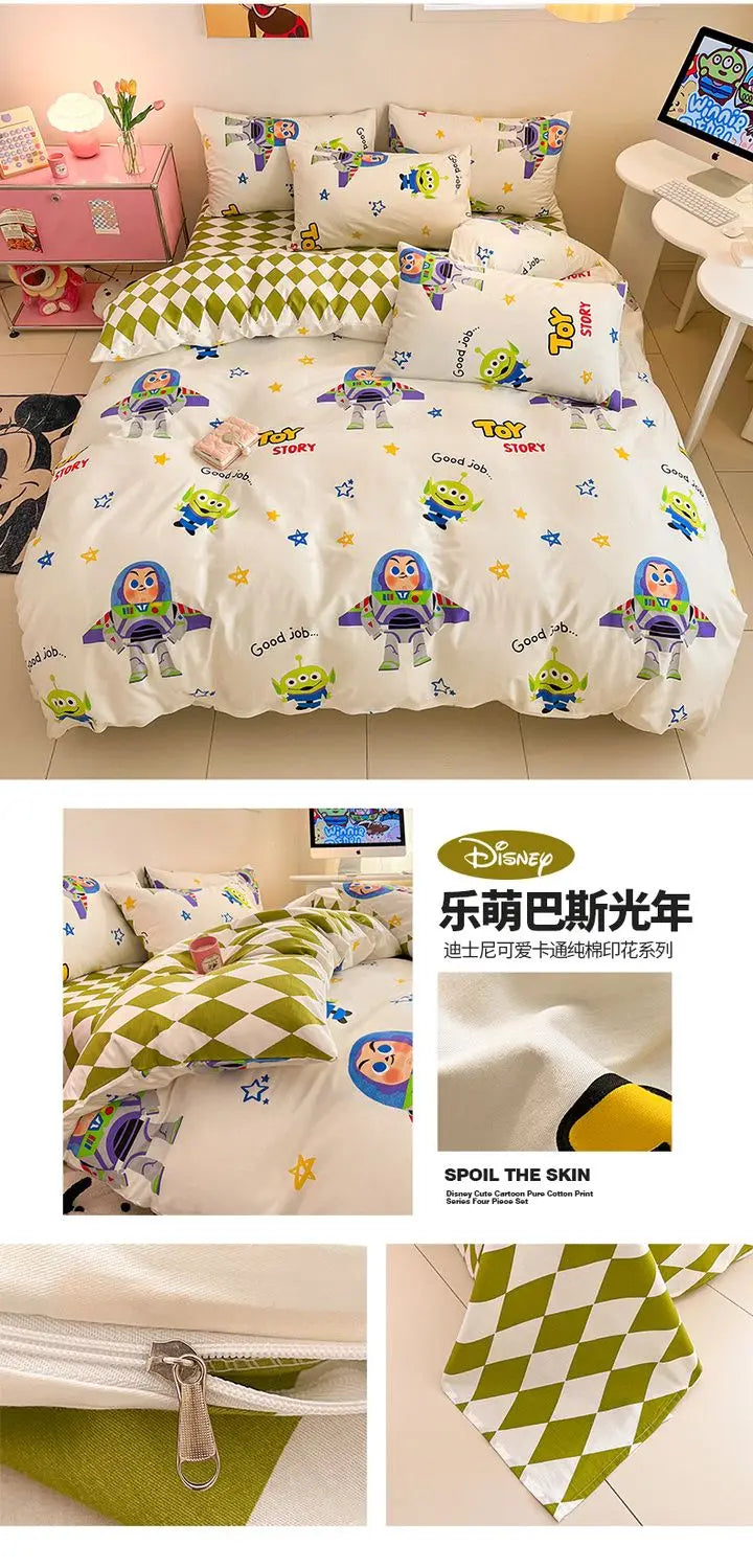 Toy Story Lotso Buzz Lightyear Alien Mickey Stitch Pooh Bear Fun Cartoon Printed Cotton Sheets and Quilt Covers Three Piece Set