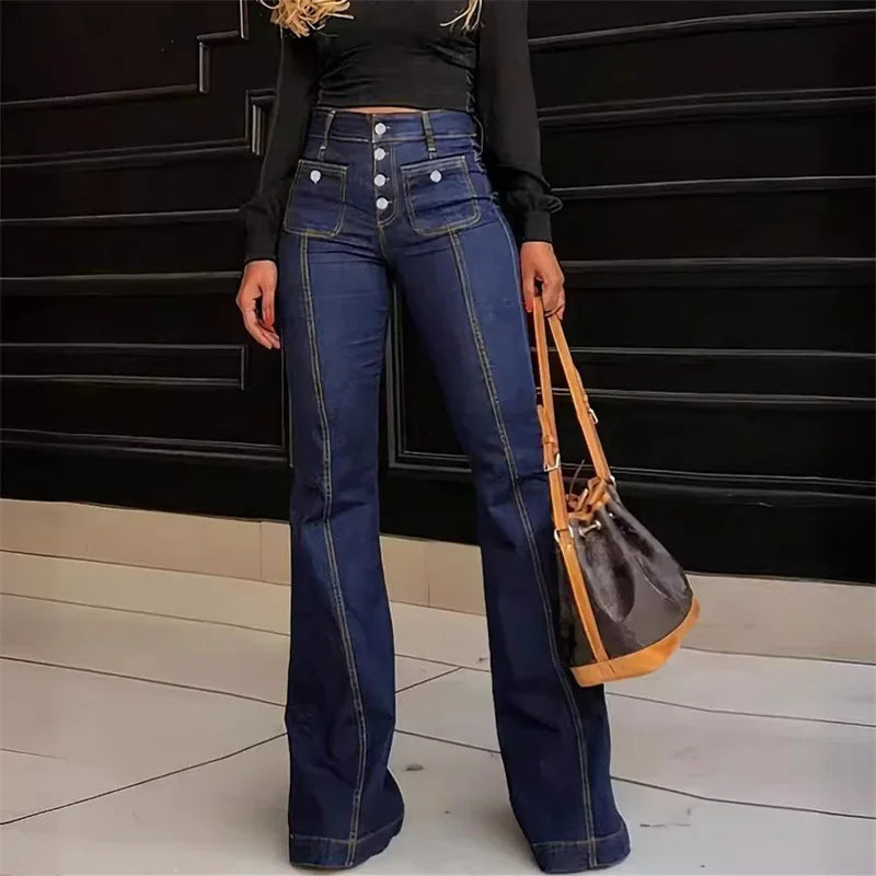 Women High Waist Single-breasted Splice Jeans Fashion High-Street Style Denim Pants Female Commuter Casual Micro Flared Trousers