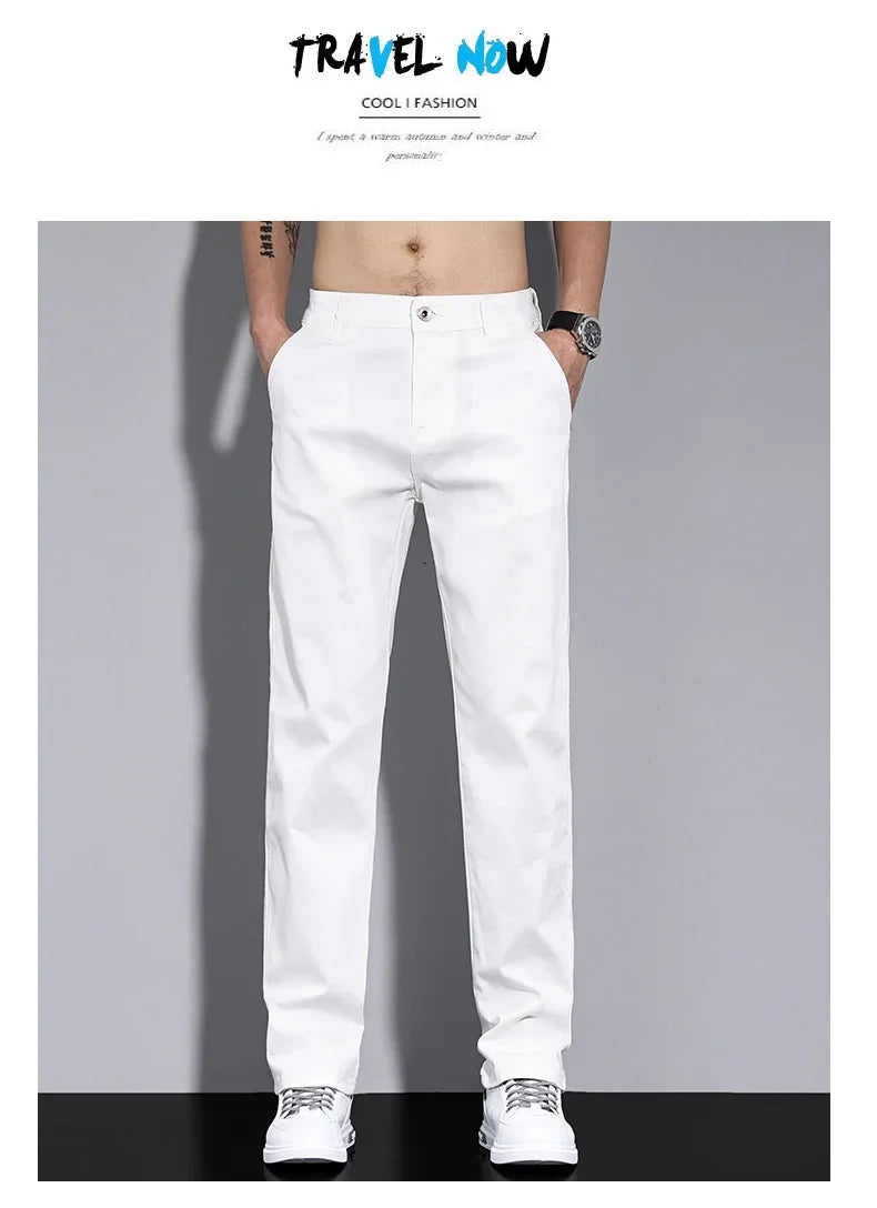 Four Seasons Men's New White Fashion Casual Pants Stretch Straight Comfortable Soft Business Work Trousers Male Brand Clothes