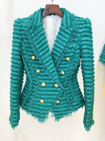 Woolen Green Blazer Jacket with Tassel Edge Rough 2024 New Designer Tweed Suit Jacket Shorts Women Coat Festival Outfit Women