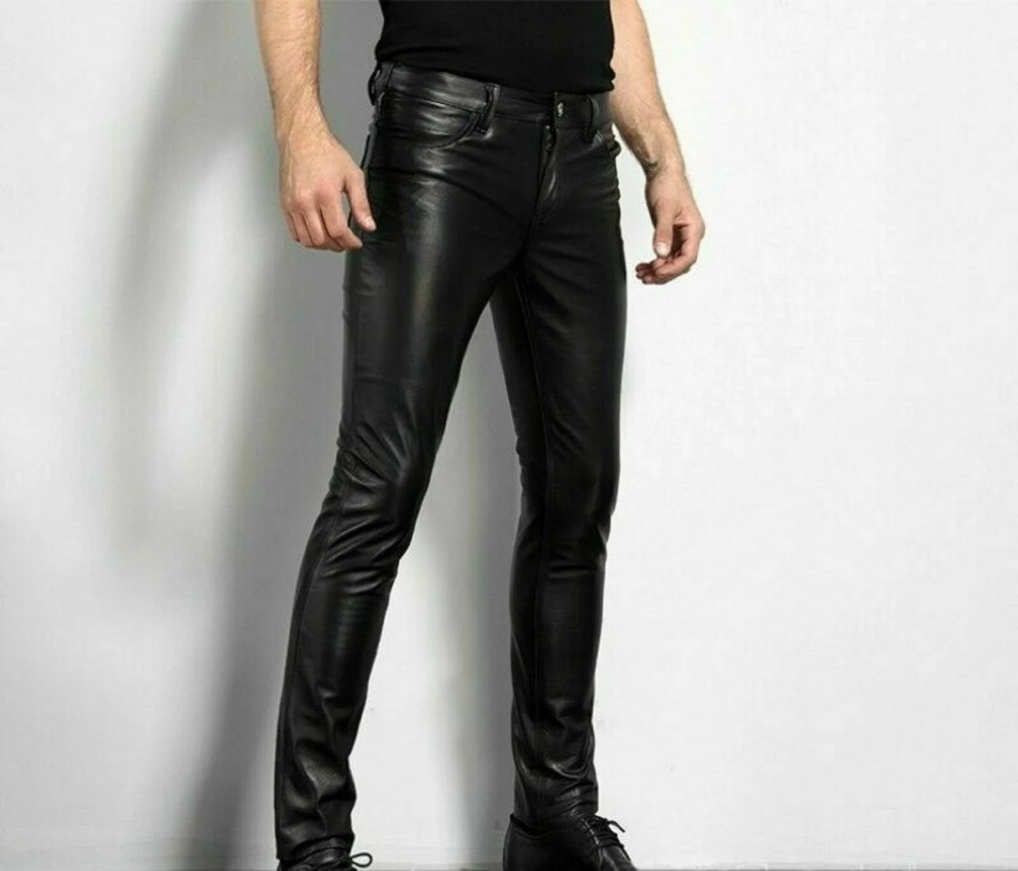 PU Leather Pants Men's Fashion Rock Style Night Club Dance Pants Men's Faux Leather Slim Fit Skinny Motorcycle Trousers