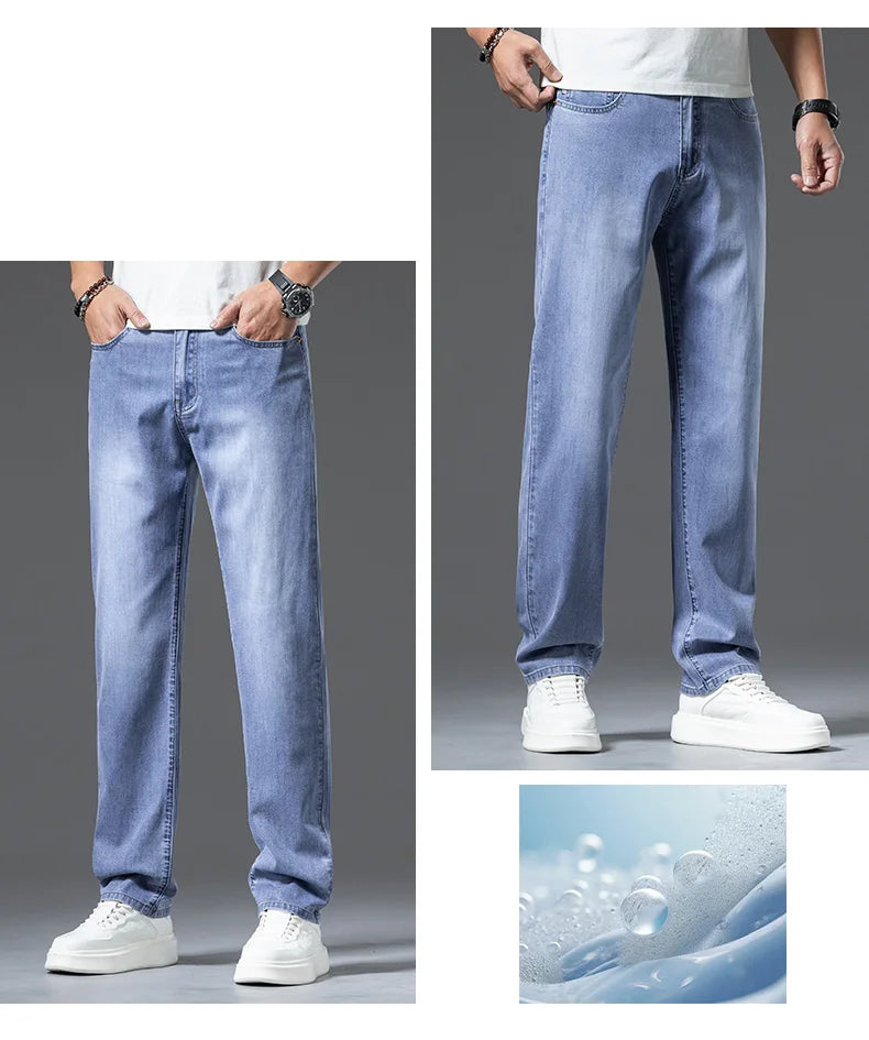 2024 spring and summer new styles Men's baggy jeans light blue Stylish thin lyocell stretch jeans