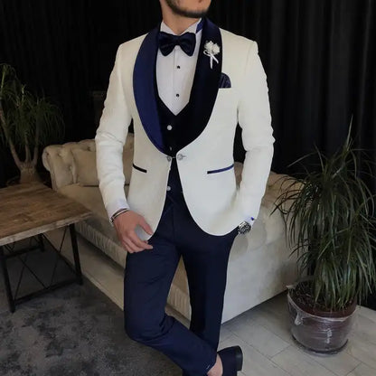 Best White And Navy Wedding Suit Peaky Blinder Velvet Vest Three Pieces Groom Suits Formal Dinner Party Bussiness Customized