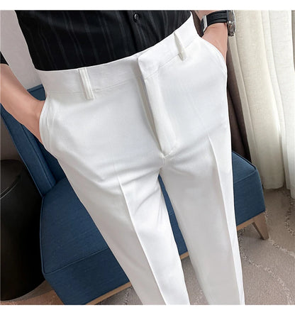 9 Color Summer Fashion Mens Suit Pants Pure Color Business Formal Pants Slim Fit Office Mens Wedding Social Ankle Long Trousers