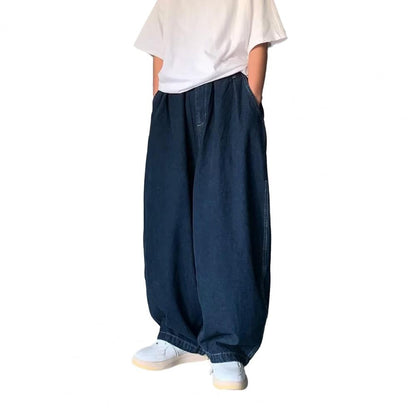 1Pc Trendy Oversize Jeans Zipper Fly/Drawstring Dressing Up Brushed Pants Thin Baggy Jeans Retro Wide Leg Man Pants Men Clothing