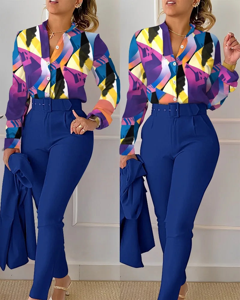 Elegant Women Two Piece Set Suits Fall New Fashion Print Long Sleeve Top Solid Color Pants Set With Belt  Blouses Female Clothes