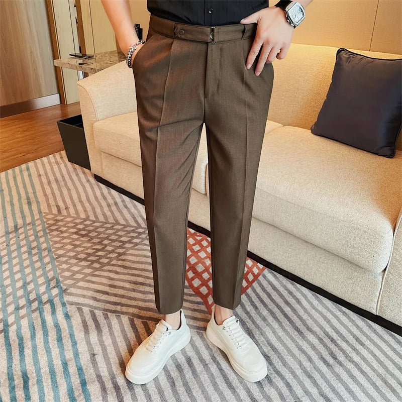 2024 Summer Fashion Belt Design Suit Pant High-waist Solid Color Business Slim Fit Formal Wedding Social Dress Ankle Pants 38-28