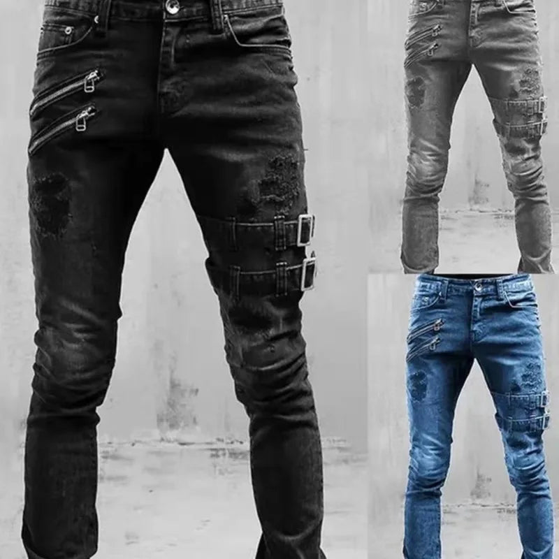 Men's Elastic Tight Jeans Fashionable And Casual Cool Pencil Pant Denim Slim Fit Pants Wear Resistant Zipper Male Trousers