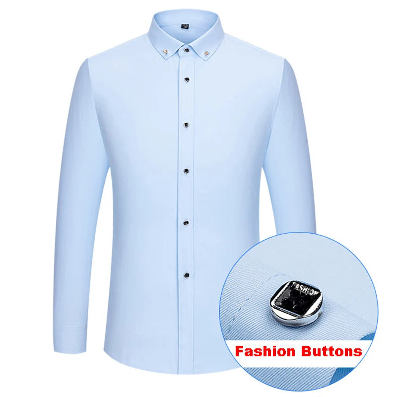 Hot Sale Men's Business Dress Shirt Formal Fashion Thin Classic Basic Diamond Button Long Sleeve Social White Shirt Men Clothing