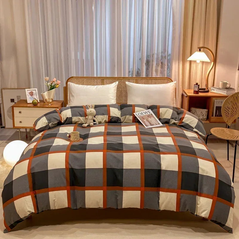 Geometric Plaid Duvet Cover 100% Cotton Queen Size Bedding Multicolor Buffalo Grid Skin-friendly Soft Quilt Cover with Zipper