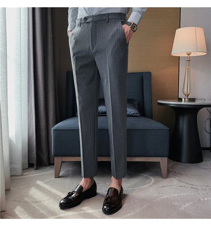 Men Boutique Black Striped Suits Pants Male Formal Wear Wedding Dress Trousers Quality British Style Business Casual Suit Pants