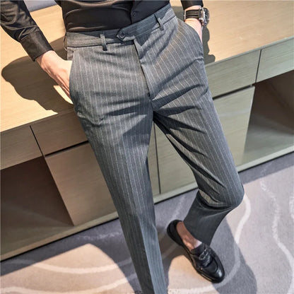 Autumn Winter Thickened Striped Suit Pant Men Business Slim Fit Long Pants Formal Office Social Party Casual Pants Streetwear