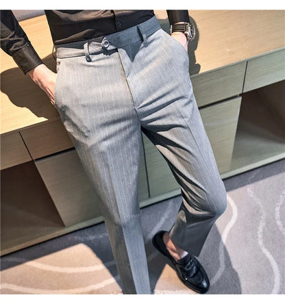 Men Boutique Black Striped Suits Pants Male Formal Wear Wedding Dress Trousers Quality British Style Business Casual Suit Pants