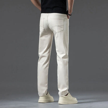 2024 New Summer Thin Men's Straight Denim Cotton Stretch Creamy-white Jeans Classic Business Pants Fashion Trousers Male Brand