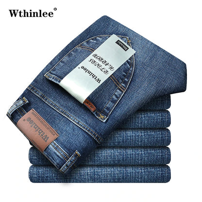 2024 Spring Autumn Office Business Jeans Men Classic Blue Cotton Stretch Straight-leg Denim Pants Male Brand Trousers