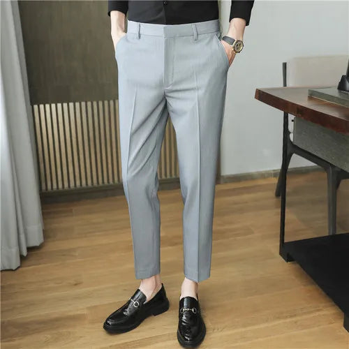 9 Color Summer Fashion Mens Suit Pants Pure Color Business Formal Pants Slim Fit Office Mens Wedding Social Ankle Long Trousers