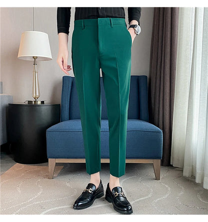 9 Color Summer Fashion Mens Suit Pants Pure Color Business Formal Pants Slim Fit Office Mens Wedding Social Ankle Long Trousers