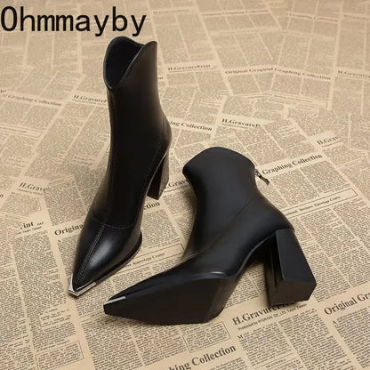 Designer Pointed Toe Women Modern Ankle Boots Square High Heels Short Booties Concise Office Lady Shoes