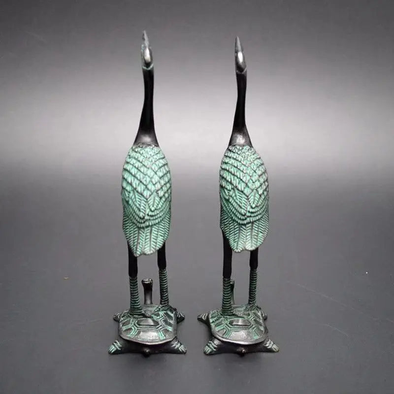 A Pair Of Hand Carved Collection Red-Crowned Crane & Tortoise Bronze Statue